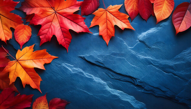  A textured blue slate background featuring vibrant red and orange autumn leaves serves as a_1(252)