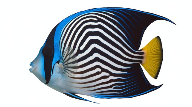 Stunning regal angelfish with vibrant stripes and colors on a white background.
