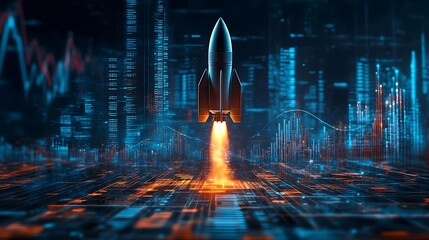 A rocket ship with business graph bar chart, Rocket business graph background