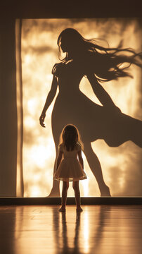 Superheldin Schatten silhouette von M&auml;dchen bewundert

