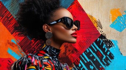 A fashionable woman with afro hair wearing sunglasses and bright makeup poses against a colorful urban wall.