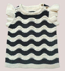 Girls Chevron Pointelle Knitted Vest Sweater with Ruffle Frill. Color Block Striped Sleeveless Knitted Dress Sweater Vest. Round Neck Crochet Mini Dress. MW Knitwear