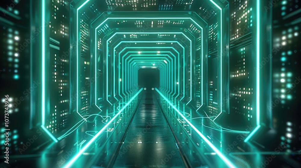 Poster frontal view of vertical glowing blue-green circuit lines.