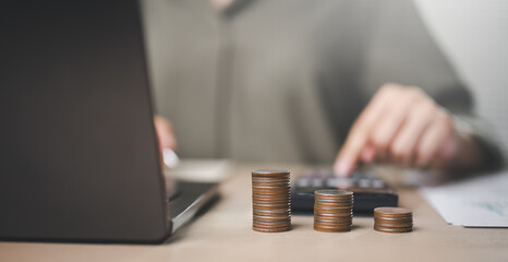 investment, calculator, earning, analysis, savings, income, growth, currency, coins, payment. A person is using a laptop with a stack of coins on the desk.