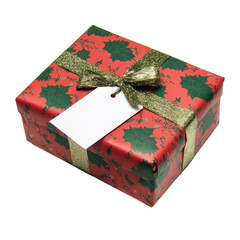 Elegant Christmas Gift Box with Bow, Festive Wrapping and Blank White Tag on Transparent Background. Holiday Present for Xmas Mockup. 