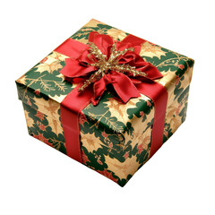 Elegant Christmas Gift Box with Red Bow and Festive Wrapping on White and Transparent Background - Holiday Present for Xmas. 