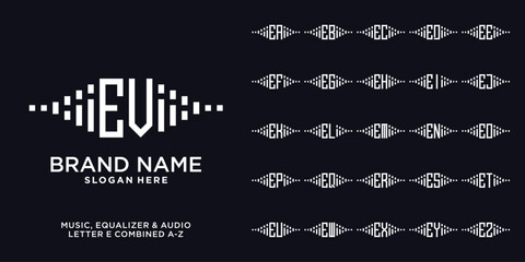 Set of audio, equalizer, and music logo design initial e combine with letter a to z and white color