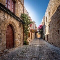 Fototapeta premium perspective of stone houses in a medieval street, AI generated