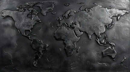 Grey metal gunmetal etching of a flat world map on black sleek surface.