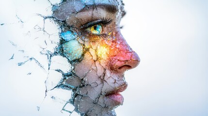 A fragmented woman face illuminated by colors, showcasing a blend of realism and imagination in a creative artistic portrait