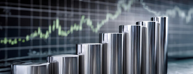Stacked metallic palladium platinum silver bars against a black chart background with green fluctuating line representing financial growth