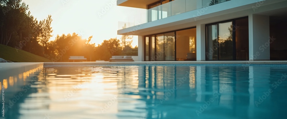 Aufkleber a close-up view of a swimming pool reflecting a sunset and modern house in the background.