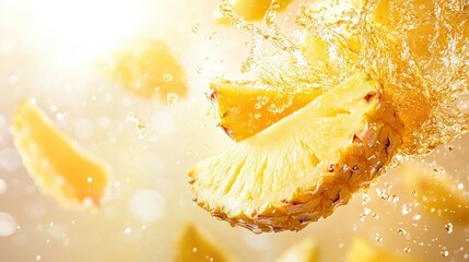Fresh pineapple slices splash into sparkling water, creating an energetic scene on a sunny day
