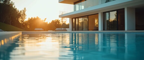 A close-up view of a swimming pool reflecting a sunset and modern house in the background.