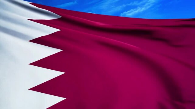 The National Flag of State of Qatar, font view, full frame, sleek, glossy, fluttering, elegant silky texture, waving in the wind, realistic 4K CG animation. Flag of Qatar filled the screen