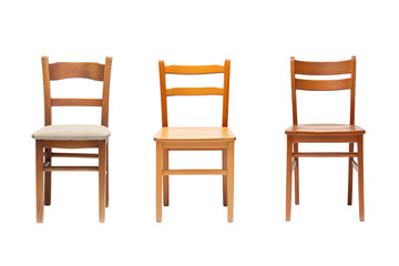 Four wooden chairs are lined up next to each other. on transparent background.