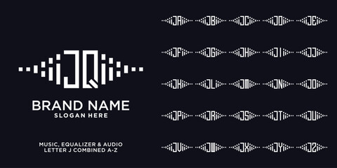 Set of audio, equalizer, and music logo design initial j combine with letter a to z and white color
