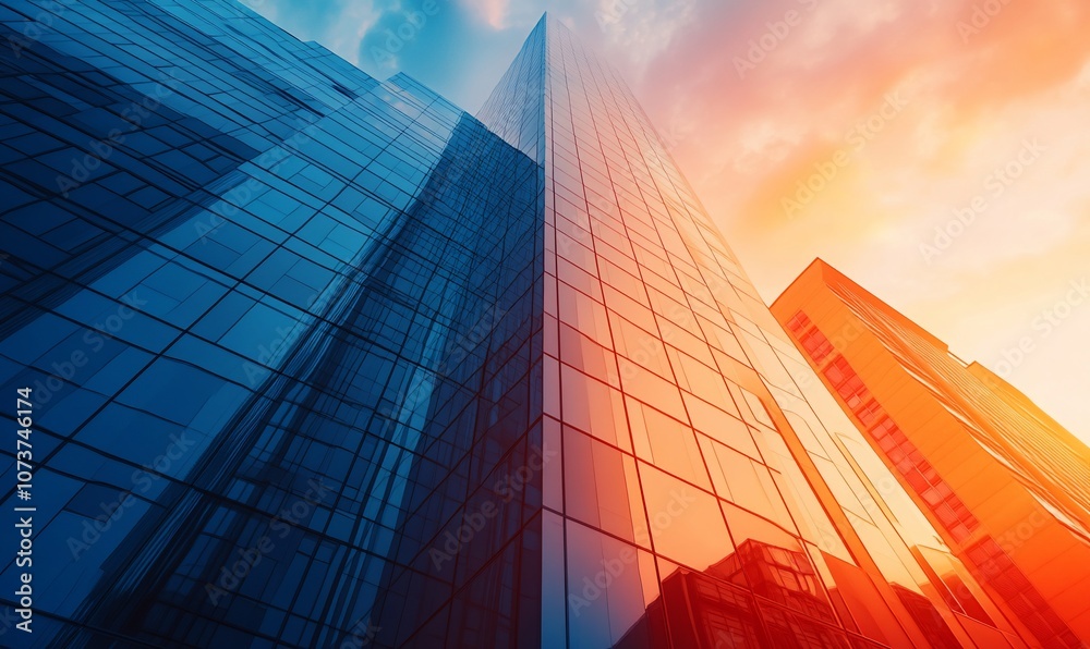 Poster a low angle view of a skyscraper reflecting a vibrant sunset sky, showcasing the modern architecture
