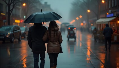 Obraz premium Couple Walking Hand in Hand with an Umbrella in the Rain