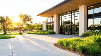 A modern building exterior bathed in warm sunlight, surrounded by lush greenery.