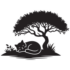 Sleeping Cat by the Tree Silhouette  vector art black color and solid white background
