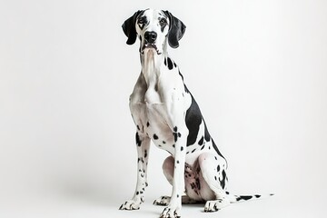 Great Dane sitting against a plain background
