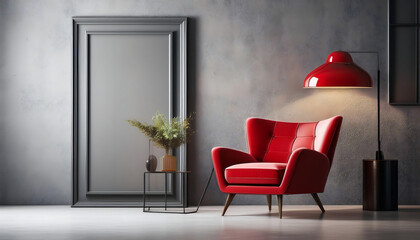  A sleek red chair sits against a concrete wall with a classic panel frame in a simple, _1(220)