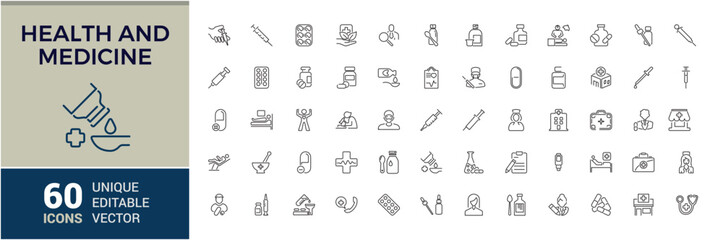 Health and Medicine line icons set. Related to aid, cardiogram, graphic, pharmacy, medical and more. Collection for mobile and web apps. Editable vector stroke.