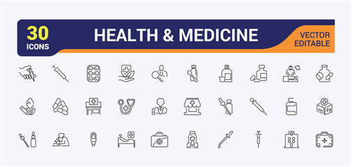 Health and Medicine line icons set. Related to aid, cardiogram, graphic, pharmacy, medical and more. Collection for mobile and web apps. Editable vector stroke.