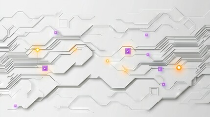 Fototapeta premium A white and purple abstract background with hexagonal shapes and yellow and purple lights surrounding the hexagon structure