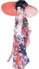 Beautiful Anime Manga Woman in a Traditional Kimono