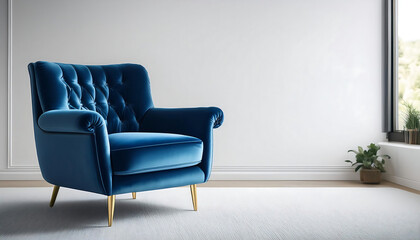  A sleek blue velvet armchair sits in a modern studio with crisp white walls and a focus on _1(210)