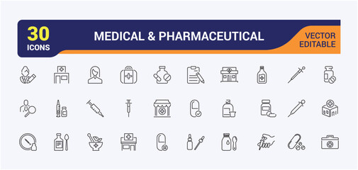 Medical and Pharmaceutical vector line icon set. Containing chemistry, care, pain, dose, vitamin, aid and more. Outline icon collections. Editable vector stroke.