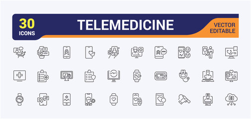 Telemedicine linear icon collection. Featuring mobile, phone, consultation, web, call, virtual, aid and more. Vector illustration in modern line style.