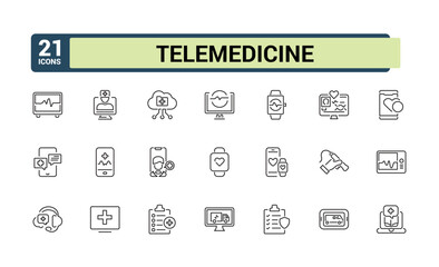 Telemedicine linear icon collection. Featuring mobile, phone, consultation, web, call, virtual, aid and more. Vector illustration in modern line style.