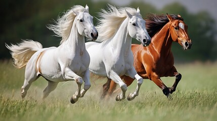 Obraz premium Three horses running in a field, one white, one brown, and one black and brown.