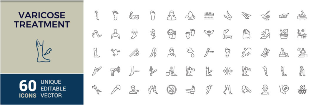 Varicose Treatment icon set. Includes thin line vein, wom, foot, medicine, pack, pressure and more. Minimal linear icons. Editable vector icon and illustration.