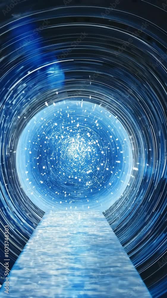 Wall mural a long, reflective path leads towards a glowing circle of lights, surrounded by concentric rings of 