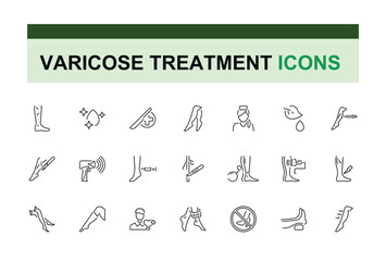 Varicose Treatment icon set. Includes thin line vein, wom, foot, medicine, pack, pressure and more. Minimal linear icons. Editable vector icon and illustration.