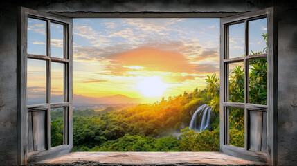 Fototapeta premium A dark forest with a window in the middle of it. The window is open and the sun is setting