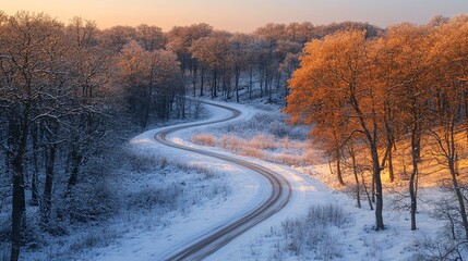 Obraz premium A winding snowy path curves through trees adorned with golden leaves during a serene winter sunset.