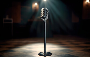 A vintage microphone stands alone under a spotlight, creating an intimate atmosphere in the quiet theater setting