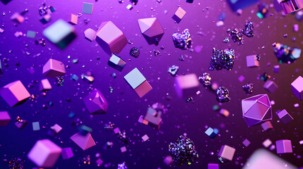 A purple background with many 3d geometry objects scattered throughout. The objects are of different sizes and are in various positions.
