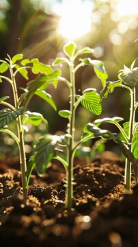 Young green plants sprouting in sunlight
