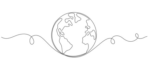 Continuous Earth line drawing symbol. World map one line art. Earth globe hand drawn. Stock vector illustration