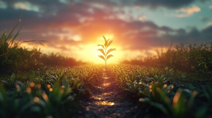 A tender plant breaks through the soil at sunrise, embodying nature's renewal and hope