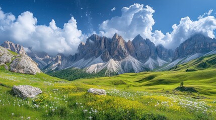 Fototapeta premium Sunny Dolomites landscape with vibrant wildflowers, lush green meadows, and dramatic mountain peaks, Italy