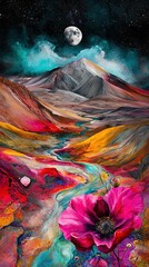   A majestic mountain towers, adorned by a vibrant pink blossom Amidst the landscape, a luminous full moon graces the sky