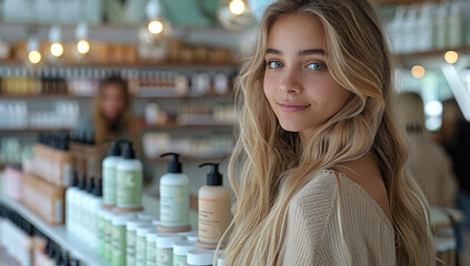 A woman with long blonde hair is standing at the counter of an online store selling natural cosmetics and spa products.