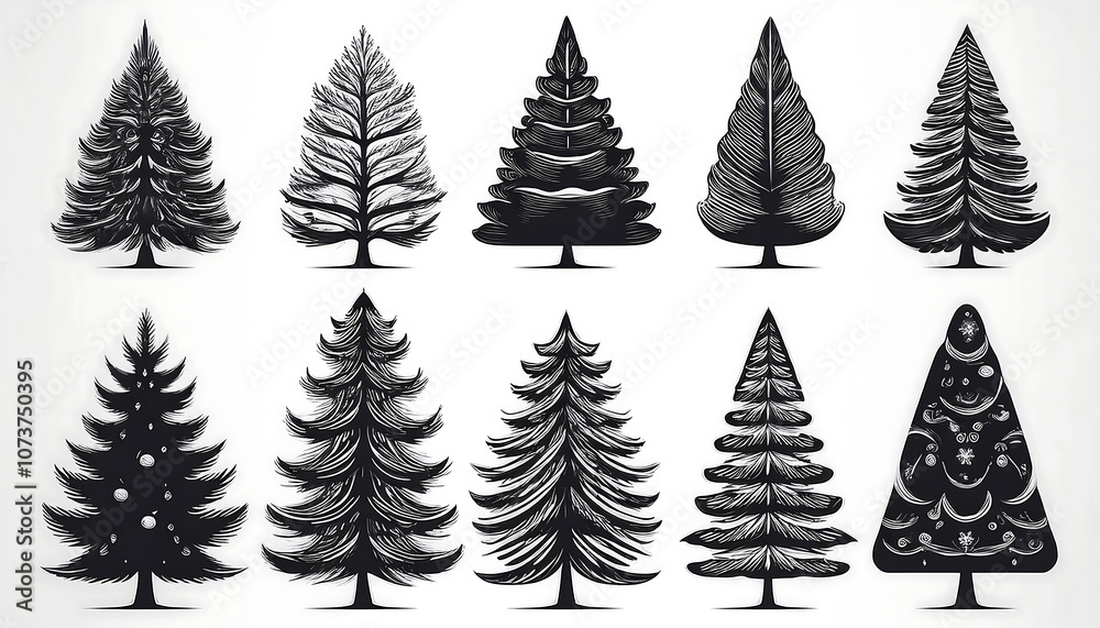 Poster  A set of Christmas tree silhouettes and pine icons in various shapes and sizes as monochrom_1(196)